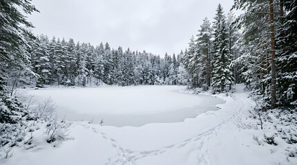 Obraz premium Winter landscape with frozen lake and snowy evergreen forest