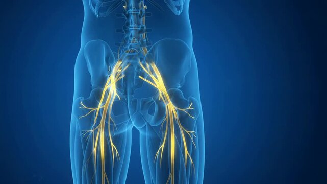 3D medical animation of the human lumbar spine and nervous system highlighting nerves in the pelvis and legs on a blue background.