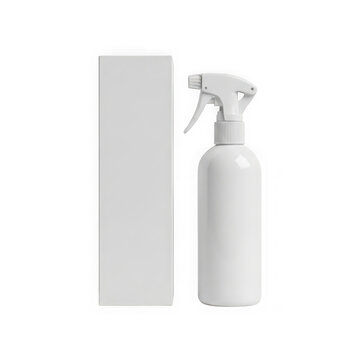 Empty spray bottle with pump next to blank rectangular card transparent background