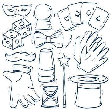 manual hand drawn line art magic element vector illustration set, magic hat wand playing cards and crystal ball doodle icon collection