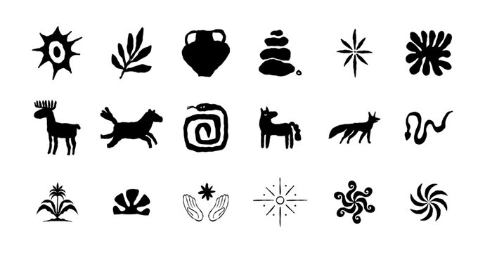 Hand Drawn Ancient Animal and Nature Vector Symbols Collection with Deer, Horse, Snake, Pottery, Sun, Plants and Mystical Motifs for Branding, Packaging, Textile, Apparel and Tattoo Design
