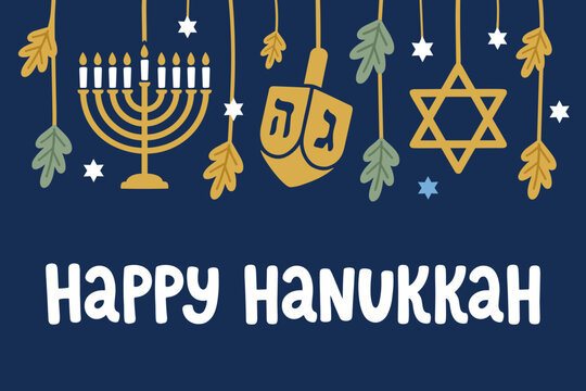 Happy Hanukkah greeting with hanging festive decorations and a menorah