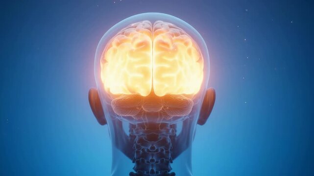 3D medical animation showing neural activity and glowing synapses within a human brain inside a transparent head.