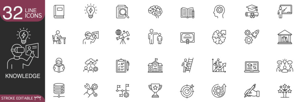 Knowledge and education line icon set featuring e-learning, graduation, brain, book, research, certificate, and skill development symbols for web UI design.