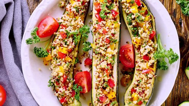 Stuffed Zucchini with Quinoa Vegetables and Tomatoes on Plate- vegetarian dish