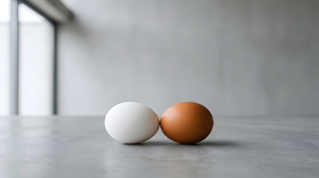 White and brown eggs placed side by side on plain concrete surface for food photography use.