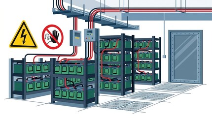 Obraz premium Warning signs show high voltage and hand safety in a battery storage area during maintenance procedures.