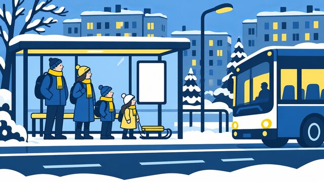 Family Waiting for Electric Bus at Heated Winter Shelter