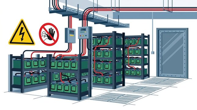 Warning signs show high voltage and hand safety in a battery storage area during maintenance procedures.