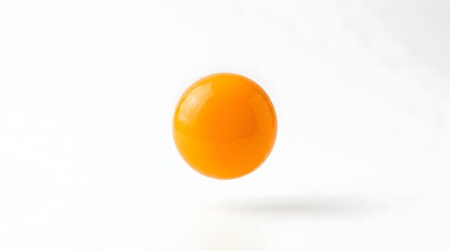 Single bright orange raw egg yolk floating against clean plain white background for design.