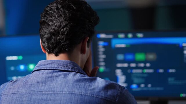 Stressed Software Developer Holding Head in Disappointment in Front of Monitors