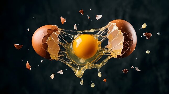 Raw egg cracking open mid-air with yolk suspending between broken brown shells on black.
