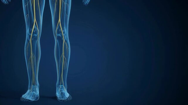 3D medical visualization showing the human leg bones and nervous system in a transparent blue X-ray style animation.