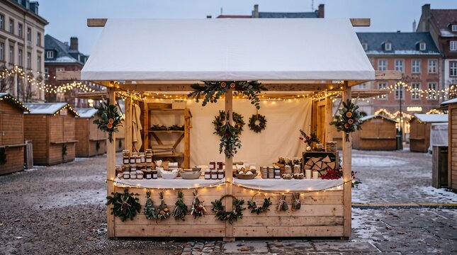 Rustic wooden christmas market stall decorated with green garlands and twinkling lights in winter ci