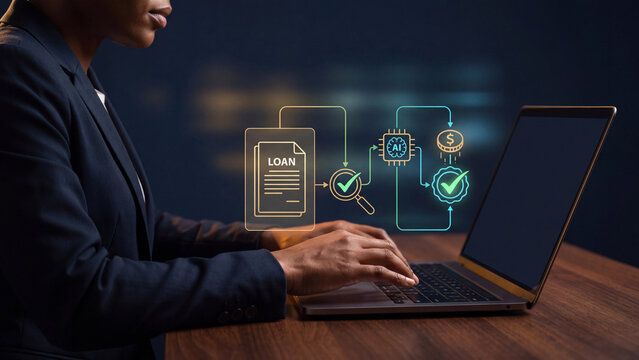 AI loan approval and digital lending automation concept, businesswoman typing on laptop with hologram loan document, magnifier, AI chip, dollar coin and approval badge workflow