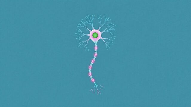 Stylized neuron cell with glowing nucleus and dendrites on blue background, nerve cell