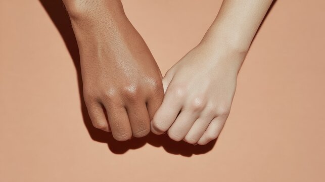 Unity and diversity: close-up of hands in friendship gesture on neutral background