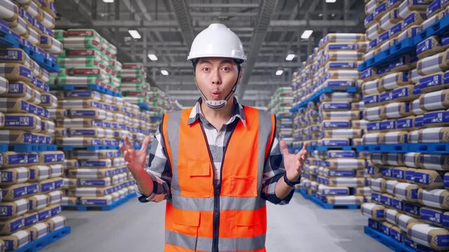 Asian Male Engineer With Safety Helmet Smiling To Camera And Saying Wow While Standing at Warehouse Stacked Cement Bags Pallets
