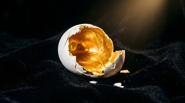 Broken white eggshell filled with molten gold liquid on dark textured velvet background.