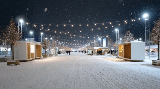 Winter night stroll at festive outdoor holiday market with lights and snow