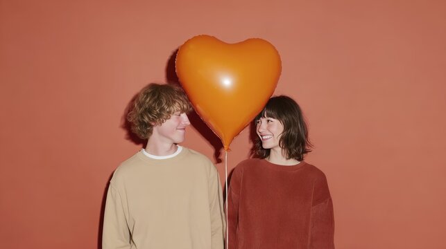 Smiling couple holding heart balloon against orange background
