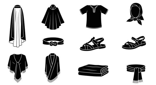 Set of black and white apparel icons featuring traditional clothing items like poncho sandals scarf and head coverings for graphic design
