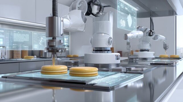 Futuristic robotic bakery: automated machines perfecting pastry production in a modern kitchen