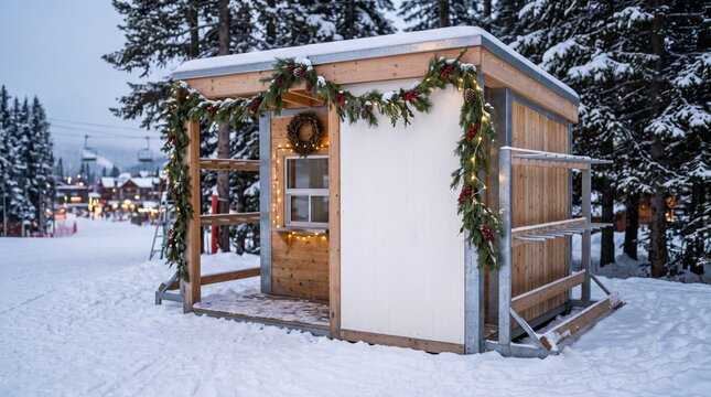 Wooden equipment check shack decorated for winter holidays at a mountain ski resort in snowy scenery