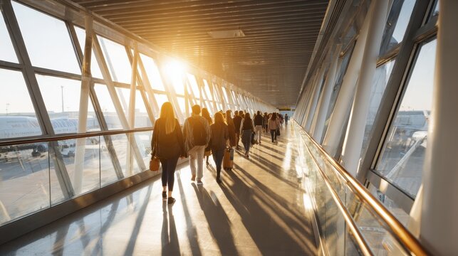 Travelers walking in airport terminal corridor at sunrise