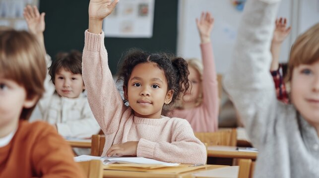 Engaged diverse children enthusiastically raising hands in classroom setting