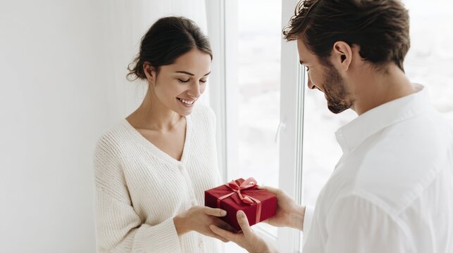 Couple celebrating special moment with gift exchange by sunlit window