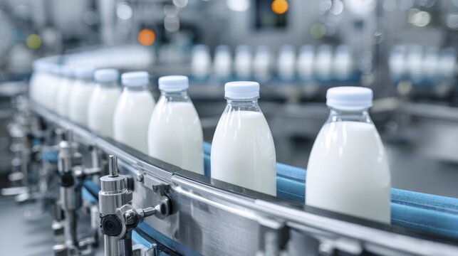 Automated milk bottling line in modern dairy processing facility