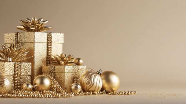 Elegant golden gift boxes and ornaments for a luxurious holiday celebration