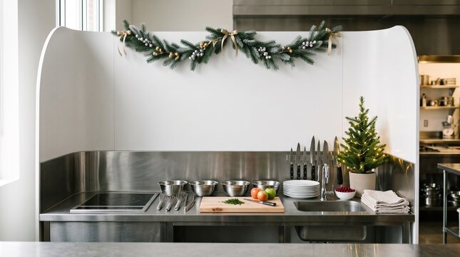 Culinary demonstration kitchen station with festive holiday decorations and professional chef suppli