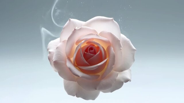 Pale pink rose slowly enlarges at center while translucent white wisps curl upward behind layered petals, warm coral core glowing against a soft gray gradient background