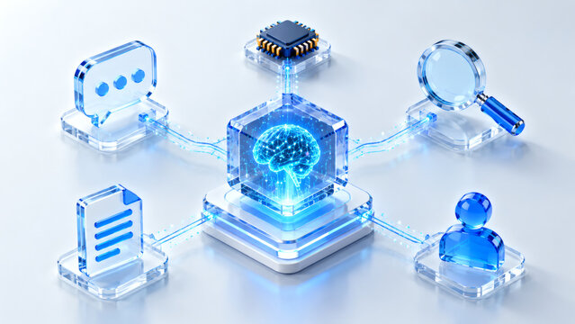Isometric 3D artificial intelligence brain core connected to data nodes search chat profile and document icons representing automation machine learning and neural network technology