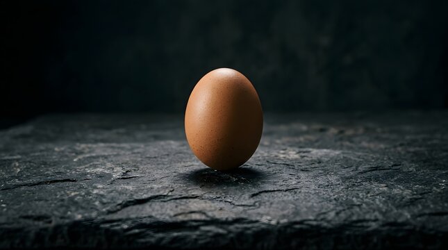 Single brown chicken egg centered on dark textured stone background for simple food study.