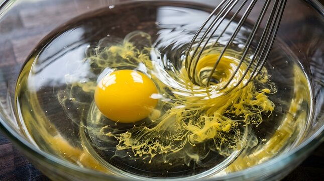 Raw egg being whisked in a clear glass bowl creating yellow swirls for culinary recipes.