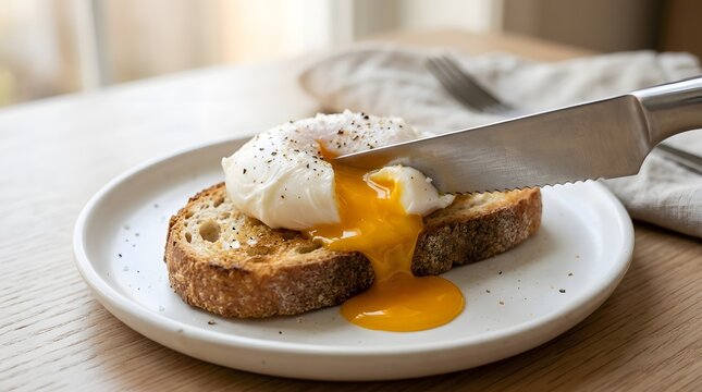 Fresh poached egg with runny yolk served over toasted sourdough bread on white plate.