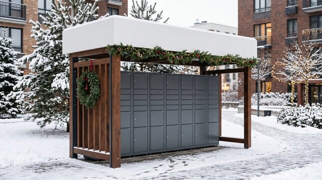 Modern outdoor parcel locker station with festive Christmas wreath and winter holiday seasonal decor