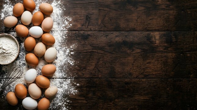 Assorted brown and white raw chicken eggs scattered with flour on dark wooden surface.