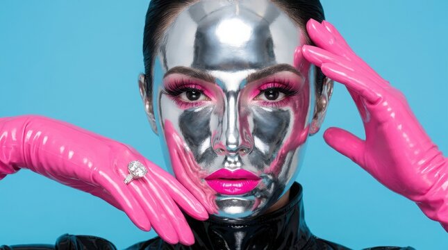 Woman with silver metallic face makeup and bright pink gloves posing against a vibrant blue background in a fashion style shoot