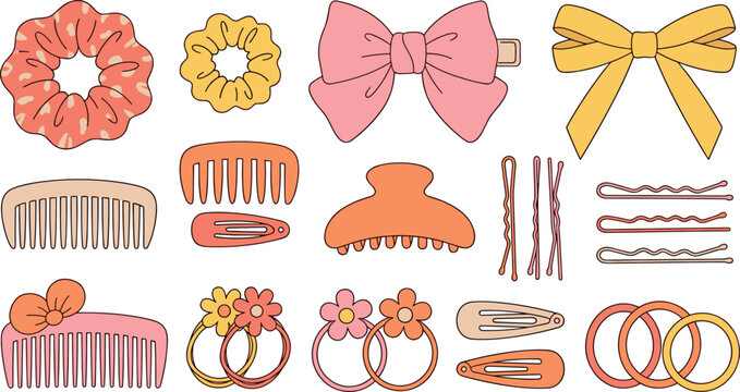 Cute Hair Accessories Vector Elements Set featuring Scrunchies Hair Clips Bows Combs Bobby Pins and Elastic Bands for Fashion Designs