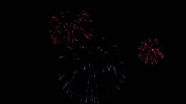 Grand finale fireworks celebration loop, glowing multi-color fireworks overlay with trails on black background