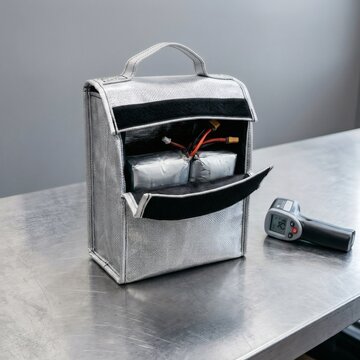 Silver fireproof safety bag containing lipo batteries with infrared thermometer on metal table