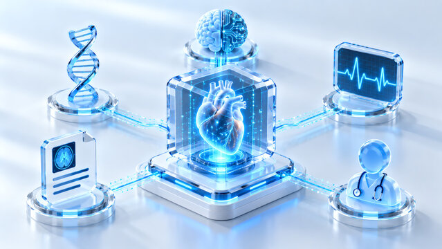 Futuristic artificial intelligence medical technology concept with digital twin glowing heart neural brain cardiology health diagnostics and online doctor healthcare network