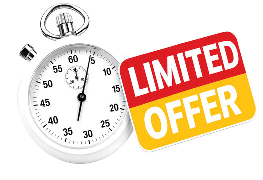 Stopwatch with limited offer sign showing urgency and time management concept isolated