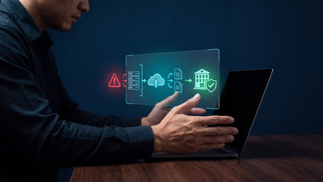 Cloud disaster recovery and data backup cybersecurity concept, man at laptop with hologram warning alert, server, cloud upload, documents and bank shield for business continuity