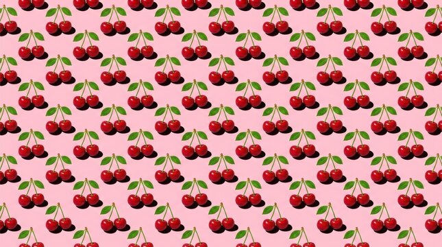 Seamless pattern with fresh red cherries and green leaves on a light pink background