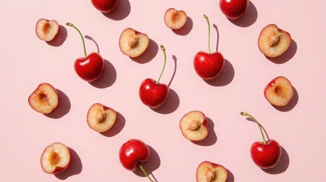 Fresh red cherries and sliced peach halves arranged in a flat lay pattern on a soft pastel pink background